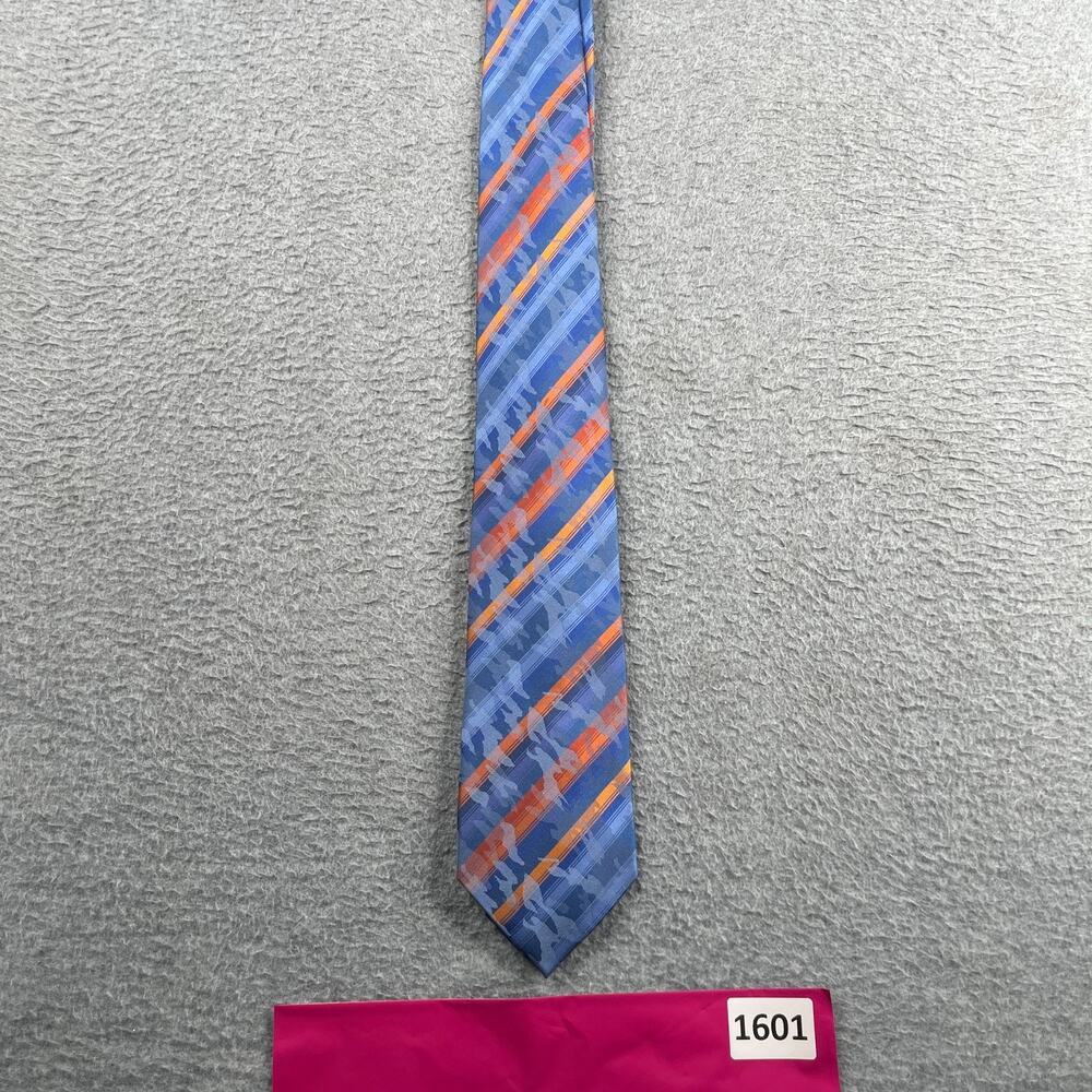 BUGATCHI SIlk Necktie Blue Orange Camouflage Strip Made In Italy